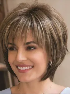 Fashionable Short Straight Wigs for Women, Gorgeous Fluffy Wigs with Bangs, Synthetic Full Machine Wigs for Party, Daily Use
