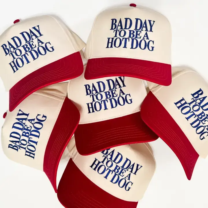 4th of July Funny Bad Day to Be a Hot Dog Embroidered Trucker Hat for Men Vintage Red Brim Adjustable Snapback Dad Hat Patriotic Independence Day Hat Funny Gift for Dad Husband Summer BBQ Outdoor Casual Wear
