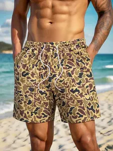 Men's Camo Print Drawstring Waist Beach Shorts, Casual Streetwear Summer Board Shorts, Suitable for Vacation and Daily Wear