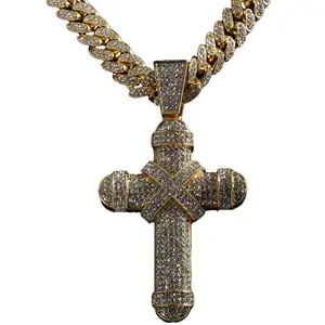 Oversized Iced Out Gold Cuban Link & Cross Pendant Set | Maximum Bling Rhinestone Necklace