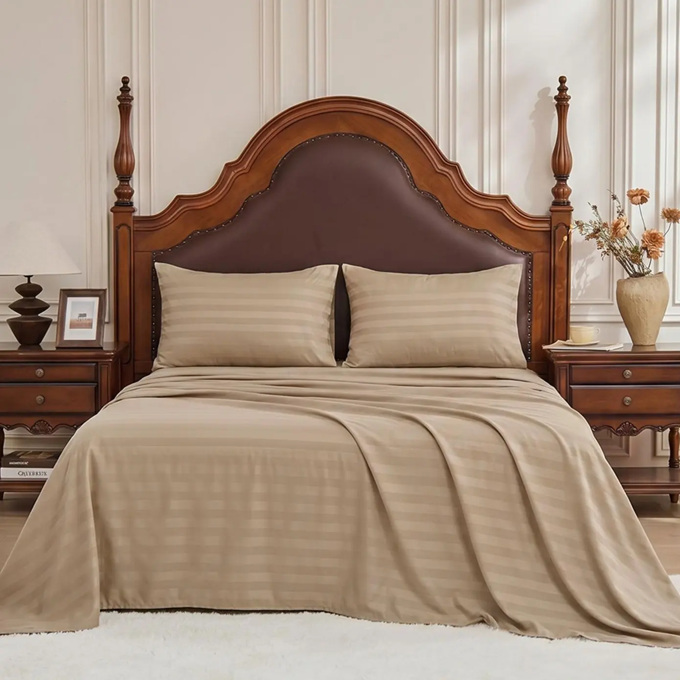 WVG 4-Piece Luxury Embossed Stripe Bedding Set - Premium Bedding Linens, Ultra Soft Breathable Sheets, 16-in Deep Pocket Fitted Sheet, Side Pocket, Wrinkle-Resistant for Hot Sleepers (Summer Gift)