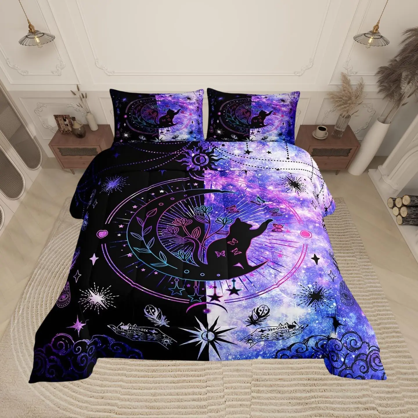 Cat Comforter Set Universe Starry Sky Moon Bedding Comforter Fashion Galaxy Animal Silhouette Duvet Quilt,Purple Black,Home Decor