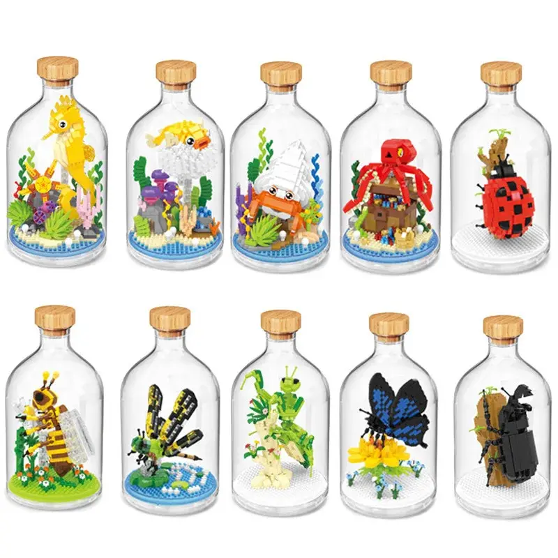 New product: Simulated animal series creative children's toy, bottled building blocks, flamingo, seahorse, educational gift model