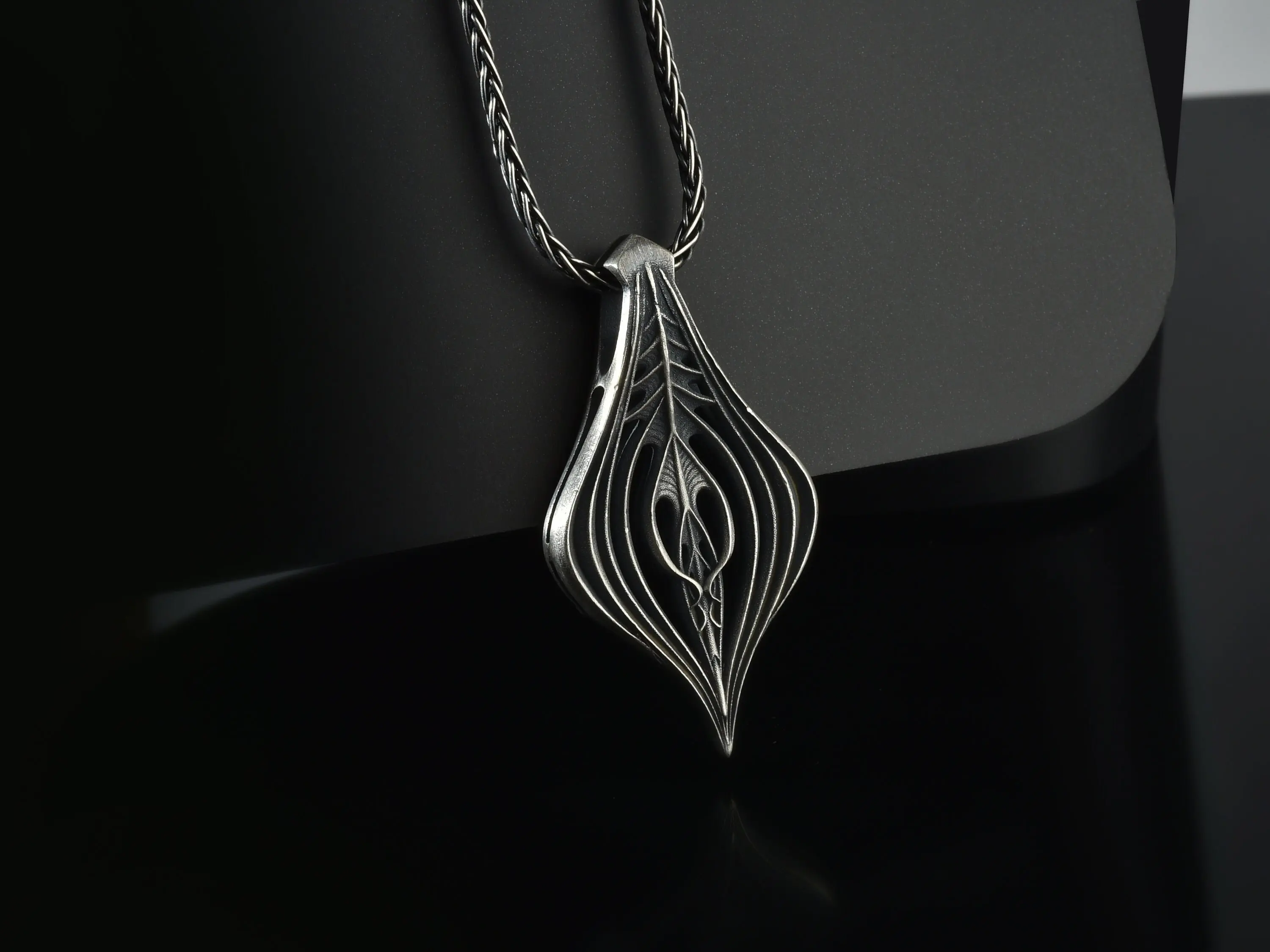 Sword in Leaf Silver Necklace, Fluid Form Knife Necklace, Sophisticated Sculptural Jewelry, Elegant Wearable Art, Gothic Jewelry For Him
