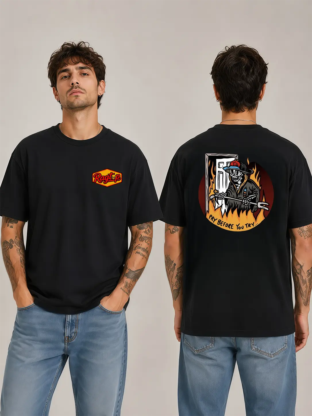 [Graphic T-Shirt] firefighter shirt - Ragtop Firefighter Pry Before You Try Graphic Tee, Fire Rescue Tool Humor Design, Fire Station Inspired Apparel,cotton tee,printed shirts for men