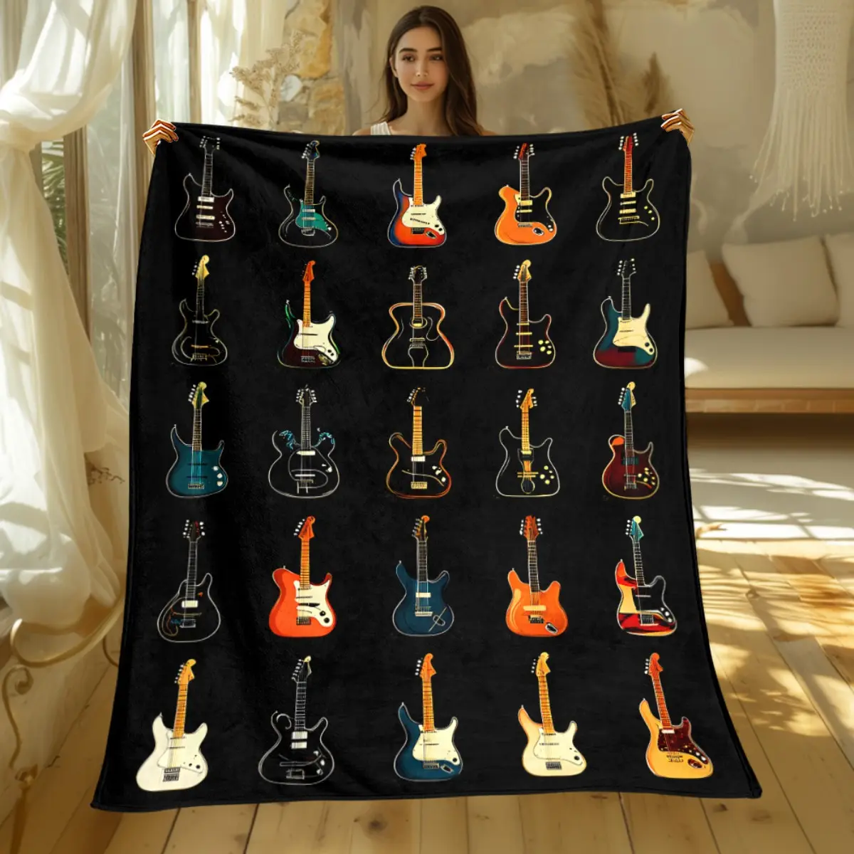 1pc Electric Guitar Blanket - Soft Flannel Throw with Black Background & Electric Guitars in Orange, Red, Blue, Golden, - Lightweight All-Season Bedspread for Music Lovers, Living Room, Bedroom, Camping, Office - Ideal Guitarist Gift