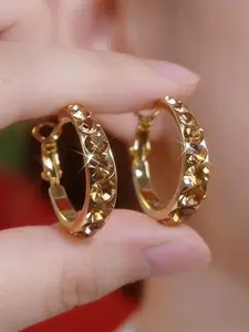 Elegant Coffee Color Hoop Shape Earrings, Gold Plated Hoop, 14k Gold Plated Alloy, Sparkling Fall Winter Fashion Jewelry, Perfect for Parties and Casual Wear