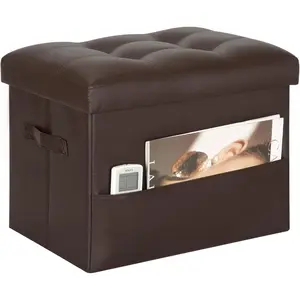 Storage Ottoman Foot Rest Stool, Foldable Leather Footstool Storage Bench with Thicker Foam Padded Seat. Foot Rest Under Desk for Living Room Bedroom 350 lbs, 17x13x13 in, Brown