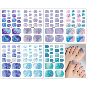 7-Piece Summer Gradient Marble Nail Polish Set, Shiny Starry Sky Self-Adhesive Toe Nail Stickers, DIY Home Nail Art Kit for Women