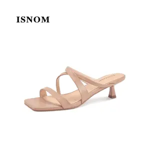 ISNOM Strappy Kitten Heels for Women, Heeled Sandals with Square Open Toe and Slip-on Design, Trendy and Sexy