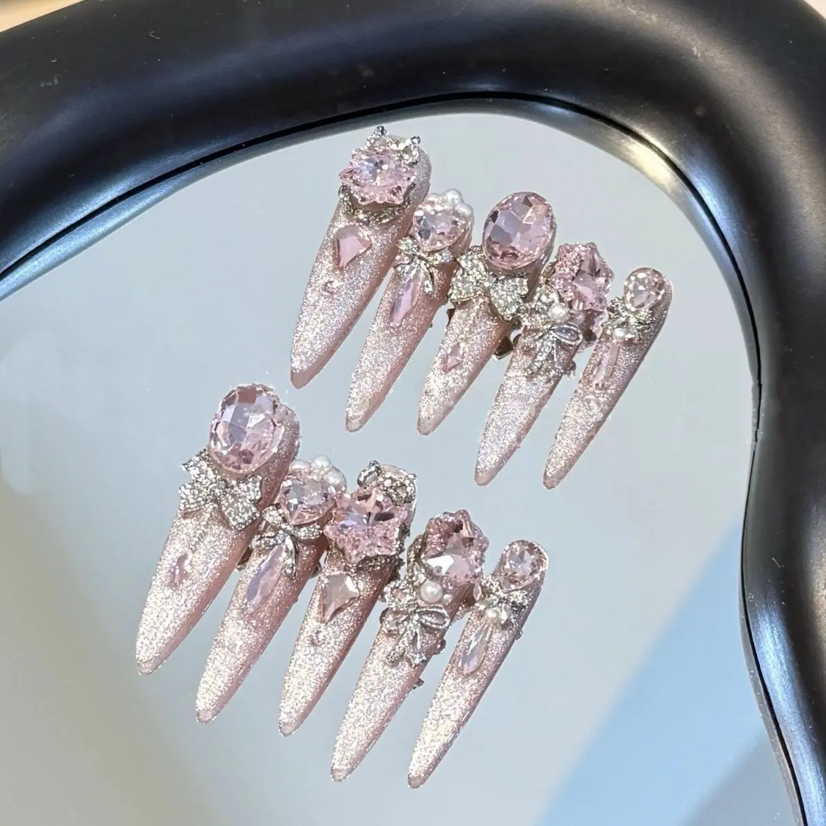 Bling Giant Oval Rhinestone Press On Nails Gold Glitter Heavy Duty Water Drop Handmade Reusable False Nail Tips