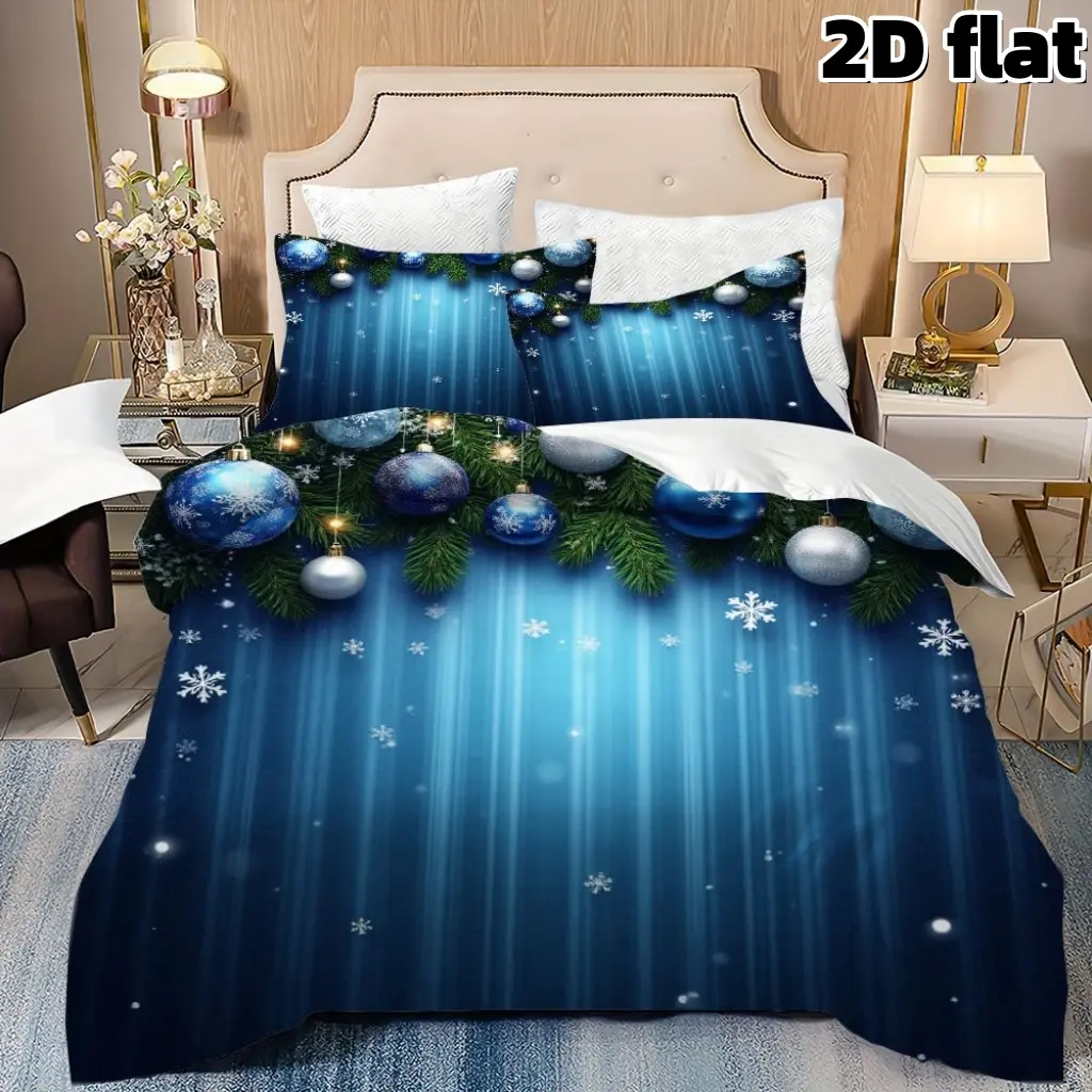 2D Flat 3Pcs Bedding Sets Christmas Duvet Cover Blue Snowflake Ornament Pattern Bedding Winter Holiday Themed Microfiber Comforter Cover with Pillowcases Xmas Decoration Bedroom Decor Cold Season Festive Gift