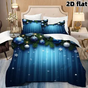2D Flat 3Pcs Bedding Sets Christmas Duvet Cover Blue Snowflake Ornament Pattern Bedding Winter Holiday Themed Microfiber Comforter Cover with Pillowcases Xmas Decoration Bedroom Decor Cold Season Festive Gift