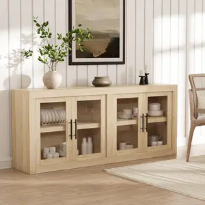 70.8 in Sideboard Buffet Cabinet with Storage, Mid Century Modern Accent Cabinet with 4 Glass Doors, Wood Coffee Bar Media Console Credenza for Living Room, Kitchen, Hallway,Natural Oak