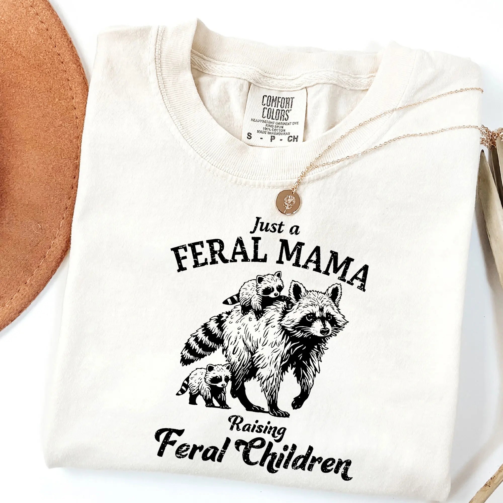 Comfort Colors Just A Feral Mama Raising Feral Children Shirt, Funny Mother's Day Shirt, Retro Raccoons Graphic Tee, Cute Gift For Mom