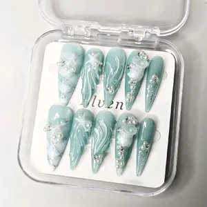 Elegant Pearl Embellished Ocean Style Handmade Stiletto Press On Nails Set in Aqua Blue with Silver Accents