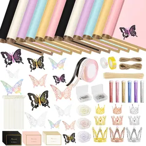 515 count Flower Bouquet Wrapping Paper, 120 Sheets  Floral Wrapping Paper, Korean Flower Bouquet Kit with  Butterflies/Crowns/Ribbon/Glitter/Cards for Mother's Day Valentines 22.8x22.8in