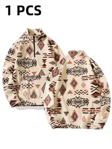 Men's ethnic geometric print fleece pullovers - quarter zipper stand-up collar design, soft and comfortable fleece fabric, daily casual, street and casual appearance，Unisex style, Christmas gifts for both men and women