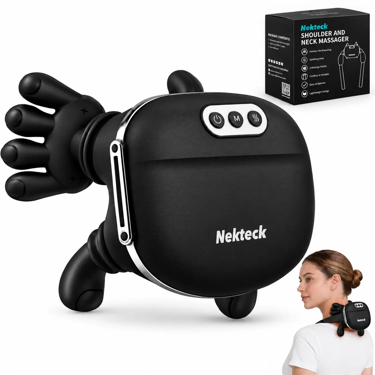 【HSA/FSA Eligible】Nekteck Cordless Neck Massager with Heat, Deep Kneading Shoulder Massager, 3 Massage Modes, 2 Heat Levels, Rechargeable Wearable Massager for Back & Legs