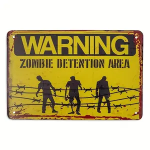 Zombie Detention Warning Sign - High-Quality Iron Metal 8x12 in Wall Decorations, Halloween Horror Themed Man Cave Home Decor Plaque