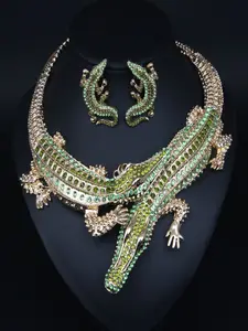 Vintage Crystal Alligator Necklace Earrings Set, Rhinestone Chain Print, Party Jewelry, Halloween Costume Accessory