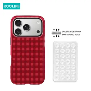 KOOLIFE 2pcs Set Red Gingham Pattern Case + Double Sided Silicone Suction Cup Stand PC TPU Material Glossy Hard Shell Shockproof Cute Aesthetic Phone Cover for iPhone 17 16 15 14 13 12 11 Pro Max Plus XR XS X Farmhouse Style Gift for Women Girls