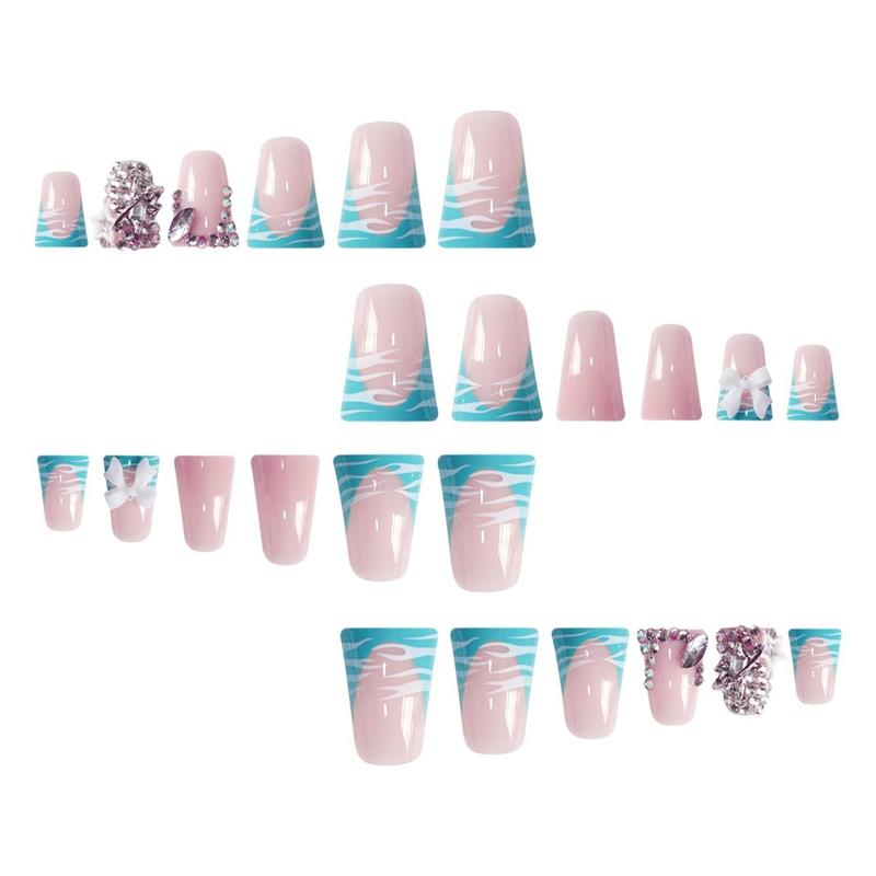 Bow Decor Fake Nails with Nail File & Tape, 24pcs Duckbill Shaped False Nails for Women & Girls DIY Nail Art, Effortless Pressed on Nails Manicure Set, Acrylic Nails, Icy Blue, Rhinestone Bow Decorated