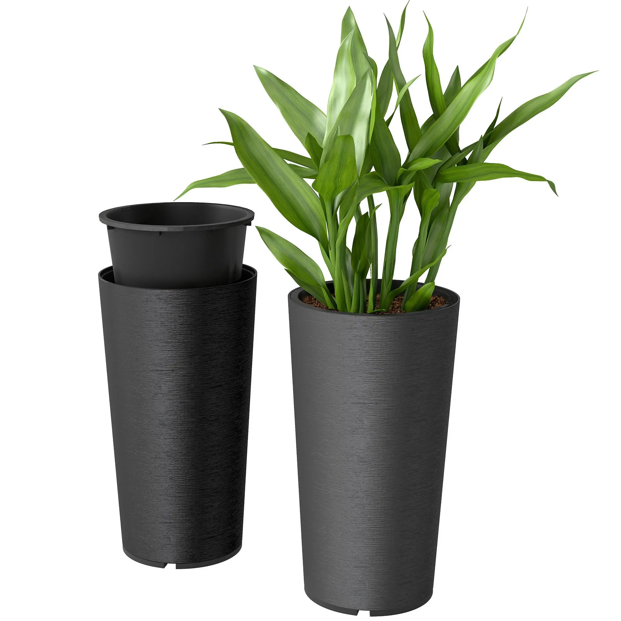Outsunny 29-Inch Tall Crack-Resistant Cylindrical Plastic Planters (Set of 2) with DIY Drainage Holes, Stackable Decorative Above-Ground Balcony Pots for Front Porch, Indoor Plant Use, Black, Above-Ground Flower Pots, Balcony Flower Pots