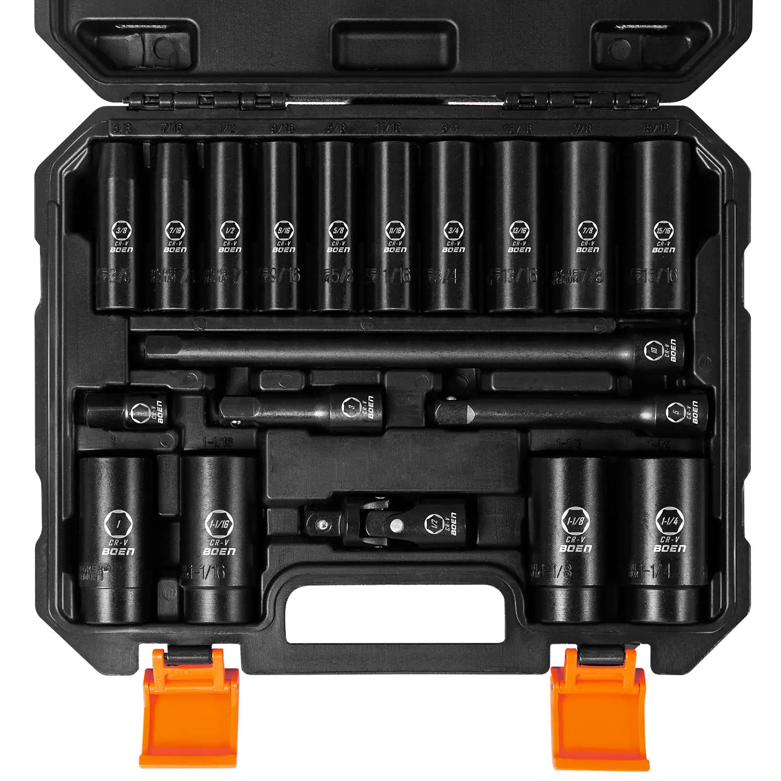 BOEN 1/2" Drive SAE Deep Impact Socket Set, 19 Pcs Cr-V Steel Socket Set SAE Size 3/8" to 1-1/4", Includes Extension Bars, Universal Joint and Adapter