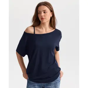 SOLBRACE Women's Off The Shoulder Oversized T-Shirt, Ultra Soft Weightless Drape Fabric, Hip Length Daily Layering Basic