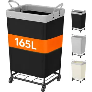 165L Laundry Basket with Wheels, Large Heavy Duty Commercial Rolling Laundry Hamper with Handles, Tall Steel Frame Laundry Cart for Laundry Room Bedroom Hotel  Dorm, Black