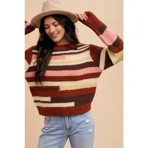Annie Wear Color Block Round Neck Long Sleeve Sweater