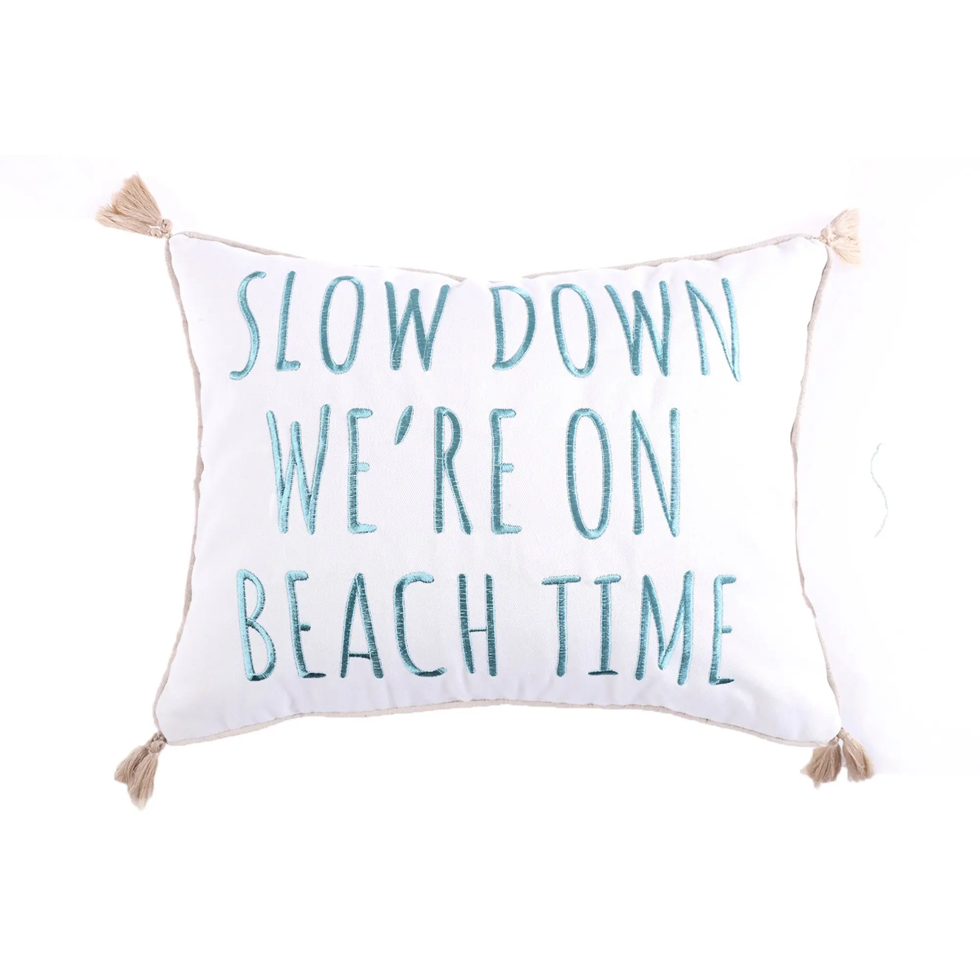 Levtex Home Coastal Grandmother Stone Harbor Beach Time Embroidery Pillow, 14x18 in, Beige Border, Corner Tassels, Feather Fill, Cozy Soft Furnishing for Bedroom, Couch Relaxation