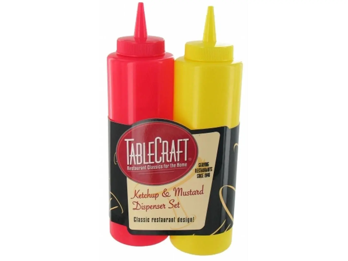 Tablecraft 112KM Classic 2-Count Leakproof 12oz Polyethylene Ketchup & Mustard Bottle Set, Kitchen Seasoning Utensil for Picnic