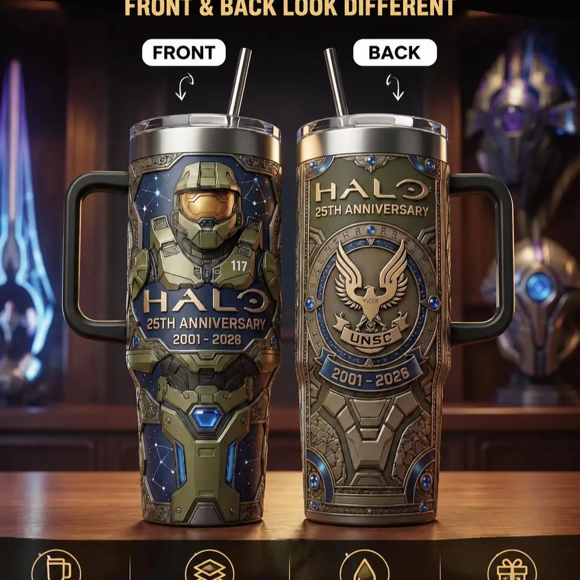 HALO 25th Anniversary Black Handle Tumbler 40oz, Legends Never Die, Halo merch unique cup - scs18719