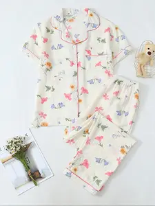 Women's Floral Print Crop Shirt & Pants Pyjama, Casual Comfy Short Sleeve Collared Top & Trousers PJ Set, Ladies Sleepwear for All Seasons, Loungewear, Pajama Set