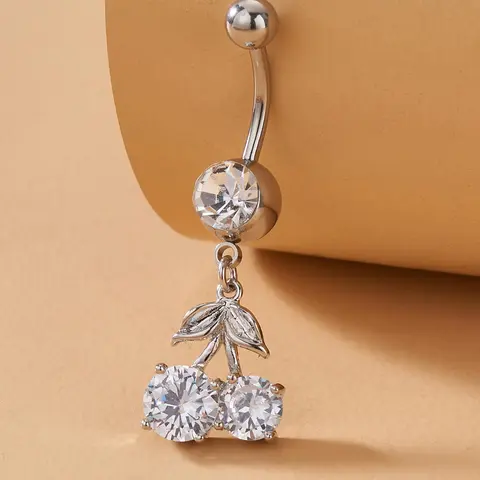 Adorable Fashion Fruit Design Cherry Artificial Zircon Belly Ring, Navel Ring, Navel Piercing Jewelry, Sparkling Zircon Inlay, Elegant Copper Chain, All-Season Body Jewelry, Body Jewellery, Party Accessory for Women, Belly Button Rings