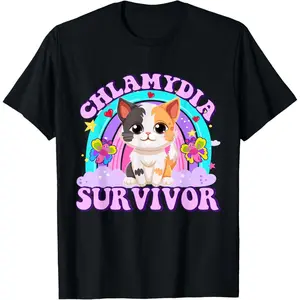 Chlamydia Survivor Cat Meme Funny Shirts for Men Adult Humor T-Shirt Men's Graphic Tee Crewneck Graphic Printed Unisex Cotton T-shirt for Men Fashion Men's Top for Daily Wear made in usa