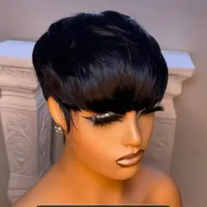 Black Short Bob Pixie Cut Wig for - 100% Human Hair Glueless Lace-Free Wig with Bangs, 180% Density, Rose Net Cap, Straight Full Hairpiece (No Maintenance, Instant Volume) - Machine-Made Look