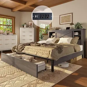 AMERLIFE 47.2" H Bed Frame with Hidden Space Bookcase Headboard and Charging Station, Beds with 2 Storage Drawers and Wood Slats, No Box Spring Needed