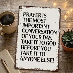 Vintage Aluminum Rectangular Tin Sign, 8x12 in Christian Religious Faith Wall Decoration with Inspirational Prayer Quote "Prayer Is The Most Important Conversation" for Home, Outdoor Wall Decor