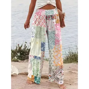 Colorful Patchwork Floral Print Women's Wide-Leg Pants - Lightweight, Loose Fit with Elastic Waistband, Perfect for Vacation & Casual Wear, Machine Washable, Polyester Blend Baggy Fabric Womenswear Bottom Knit Comfort Multicolor Oversize Oversized Wideleg