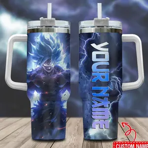 [DBZ] G0ku Blue Super Saiyan Custom Name 40oz Tumbler With Handle – Anime Gaming Style Stainless Steel Cup, Insulated Iced Coffee Travel Mug, Gift For Otaku & Anime Fans