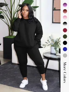 Women's Solid Pocket Sweatshirt & Drawstring Waist Sweatpants Set, Casual Round Neck Long Sleeve Pullover & Trousers, Women's Fall & Winter Outfits