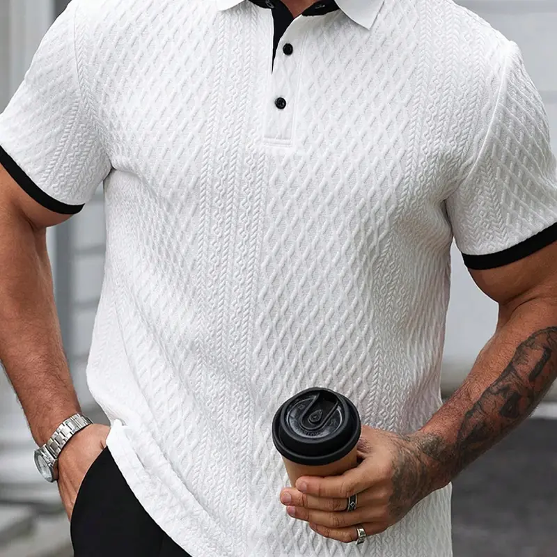 Men's High-End Textured Golf Knitted Polo Shirt, Casual Jacquard Knit Short Sleeve Top, Stylish and Comfortable Men's Apparel