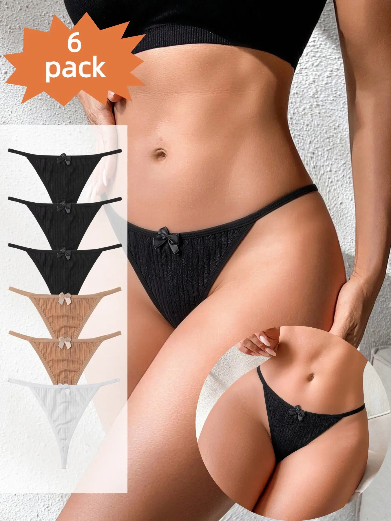 Women's Sexy Thong Underwear, Plain Low Waist Panties with Bow Decor, Breathable Fashion Lingerie, 6 Pcs Set for All Seasons Bow Front Panty