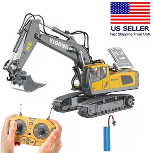 YIGONG Remote Control Excavator Toy for 6-12 yr Boys, Best Birthday Gifts for Kids 4-7 8 9 10 11 Year Old, RC Construction Toys with Metal Shovel, Lights, Sounds 2.4Ghz rc construction