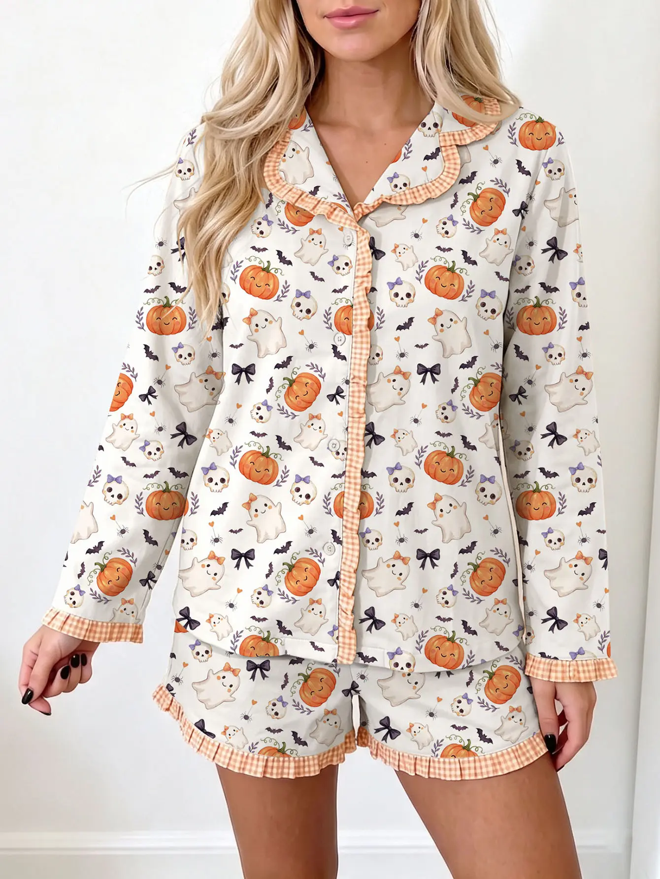 Women's Ghost Pumpkin 2-Piece Pajama Set - Button Front, Gingham Ruffle Trim, Pockets, Spooky Season Loungewear
