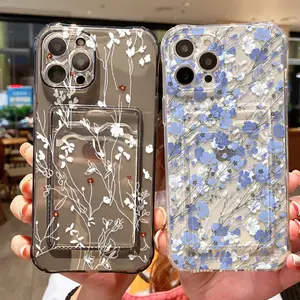 [LX]Korean Cute Flower Wallet Card Bag Phone Case For iPhone 11 13 12 14 15 16 Pro Max XR XS X 8 7 Plus SE Soft Transparent Cover