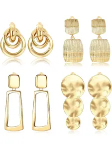 4 Pairs Gold Clip On Earrings for Women, Versatile Earrings, Dangle Statement Earrings Rectangle Tassel Teardrop Golden Metal Geometric Drop Pendant Non Pierced Earrings Set Minimalist Jewelry